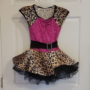 𝅺CURTAIN CALL COSTUMES HOT PINK AND LEOPARD TULLE DANCE COSTUME, SIZE 8-10
